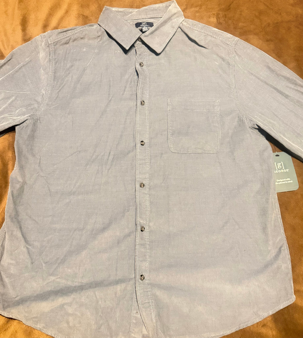 Mens blue corduroy dress shirt button up 100% cotton